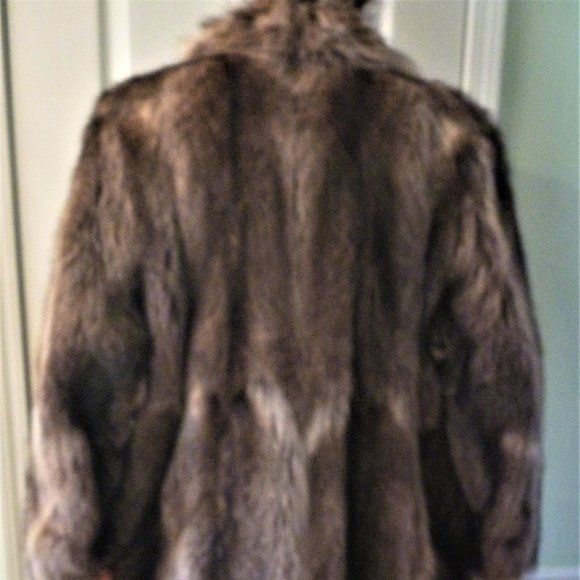 Long Racoon Real Fur Long Coat L Women Brown Gray USA Slit Ear Muffs Set - Picture 4 of 15